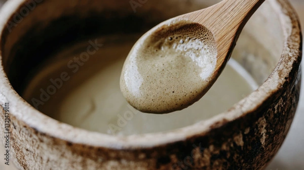 Fototapeta A close-up of a wooden spoon scooping green paste from a rustic bowl, highlighting the creamy texture and natural materials used in the presentation.