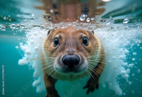 Fototapeta Curious otter emerges from water