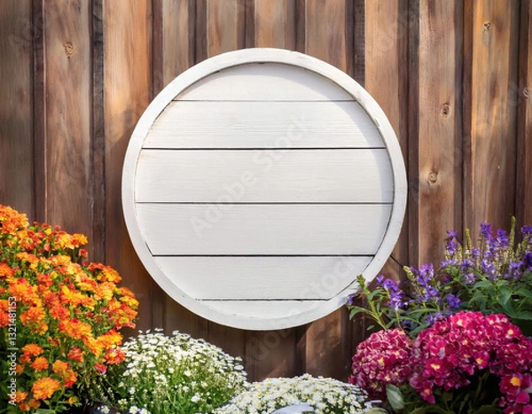 Fototapeta Blank white rustic wooden circle garden sign with floral foreground. Empty rustic wood board on wooden fence with flowers. Mockup for home, garden, and business display.
