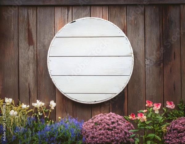 Fototapeta Blank white rustic wooden circle garden sign with floral foreground. Empty rustic wood board on wooden fence with flowers. Mockup for home, garden, and business display.