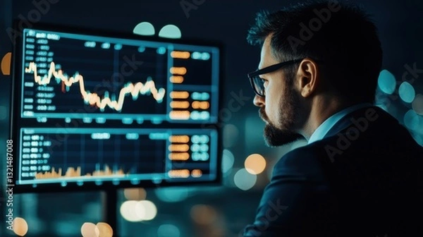 Fototapeta A focused professional analyzes financial data on multiple screens in a dimly lit room, with graphs and statistics illuminating the space.