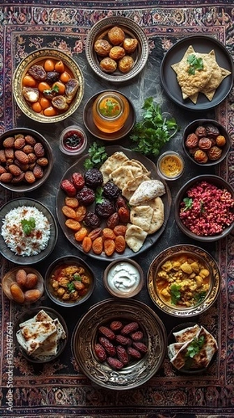 Obraz Iftar spread with dates and drinks with a traditional arabesque pattern background