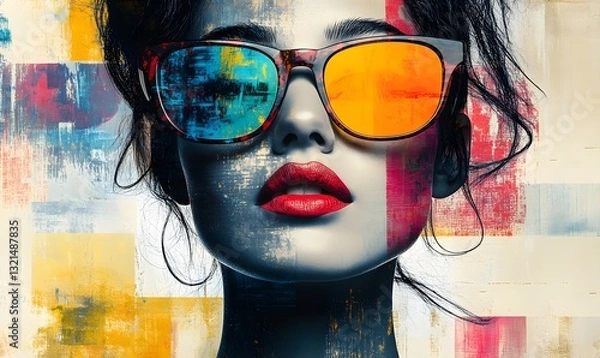 Fototapeta a woman wearing sunglasses with colorful reflection and with an artistic painting style.