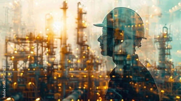 Fototapeta Worker analyzes industrial operations at sunset in a gas plant, showcasing dedication to safety and efficiency