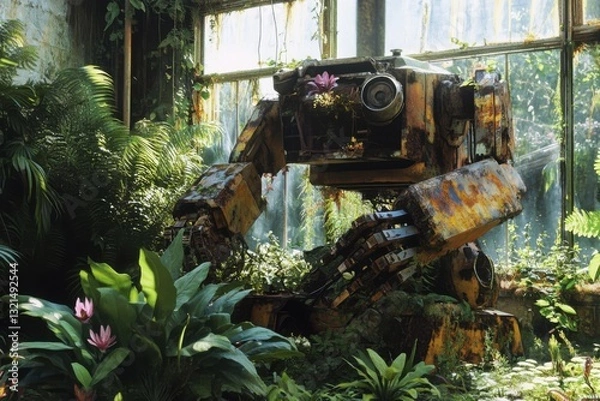 Fototapeta Rusty, giant robot with plants growing out of it stands in an abandoned greenhouse surrounded by lush greenery and exotic flowers. The scene is bathed in warm sunlight coming through the glass windows