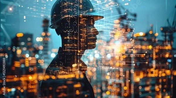 Fototapeta Construction worker overseeing city development with digital overlay at night