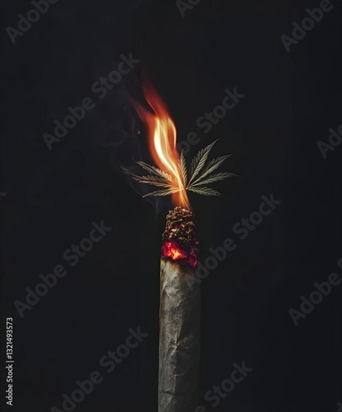 Fototapeta Cannabis Joint with red flamed tip and a cannabis leaf flower sprouting out on black with smoke