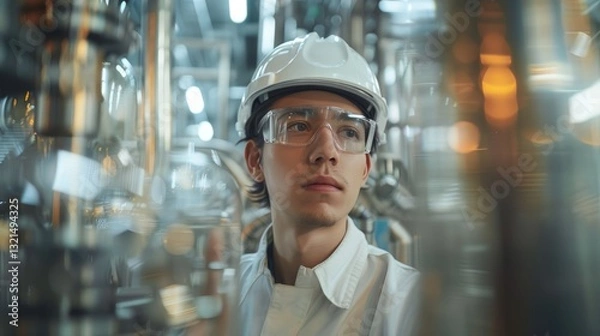 Fototapeta Young engineer in safety gear working in a modern industrial plant during daytime operations