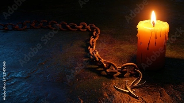 Obraz International Day in Support of Victims of Torture-Image of Broken Chain and Lit Candle on Dark Surface Representing Resilience and Liberation