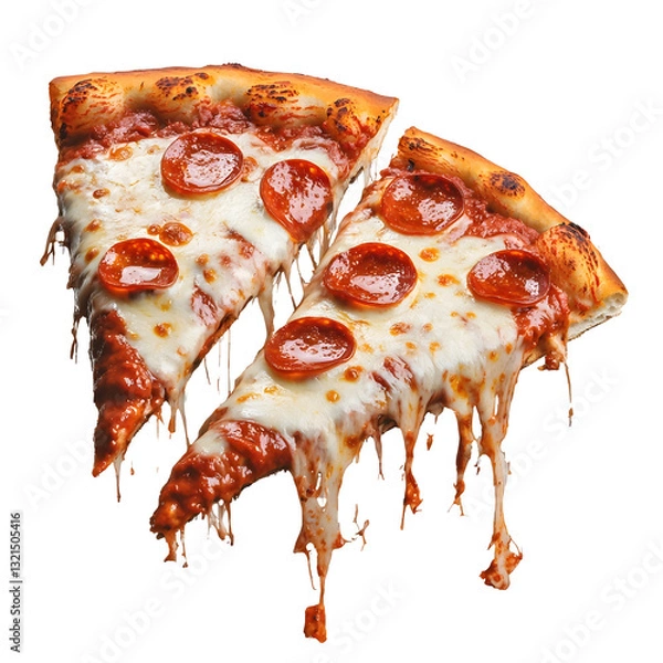 Fototapeta Close up of two fresh hot pepperoni pizza slices with crispy golden edges gooey melted cheese and a rich tomato sauce topping all fully isolated on a transparent background