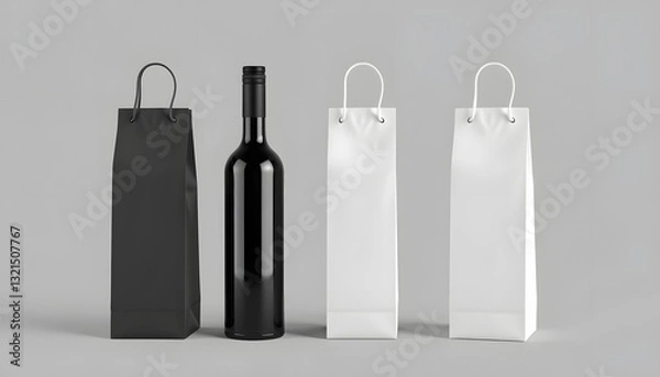 Obraz Blank tall black and white wine bottle bag mockup set, isolated, 3d rendering. Empty carry handbag for wine or vodka mock up. Clear paper packaging for store branding template, cinematic. White tone