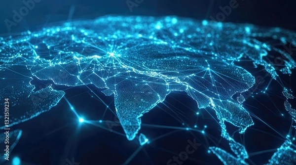 Fototapeta A digital representation of Asia showcasing interconnected networks and data flow against a dark background