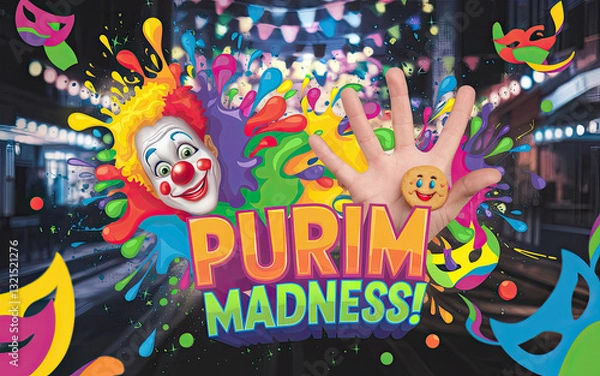 Fototapeta Purim Madness with paint splash and confetti background