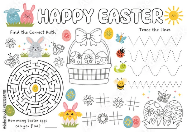 Fototapeta Easter activity placemat for kids, kids coloring page, party games. Holiday table activity for Easter party. Easter activity mat, logical games, maze, tracing lines. Easter worksheet for preschool.