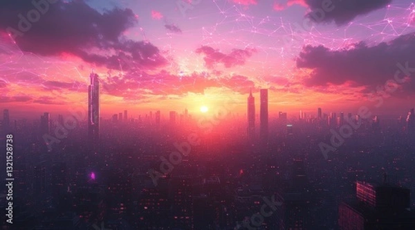 Fototapeta Futuristic Cyberpunk Cityscape with Neon Lights and Digital Networks