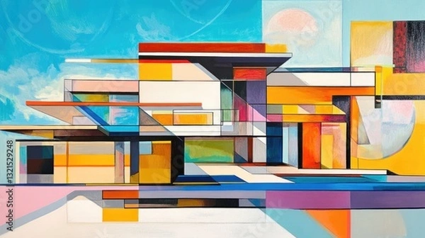 Fototapeta Abstract architectural composition with vibrant colors and geometric shapes against a blue sky backdrop