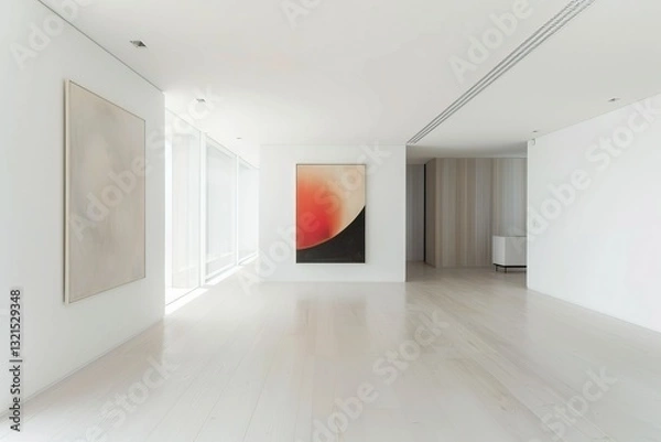 Fototapeta A minimalistic interior space featuring modern artwork, bright light, and a clean aesthetic, emphasizing open design and simplicity.
