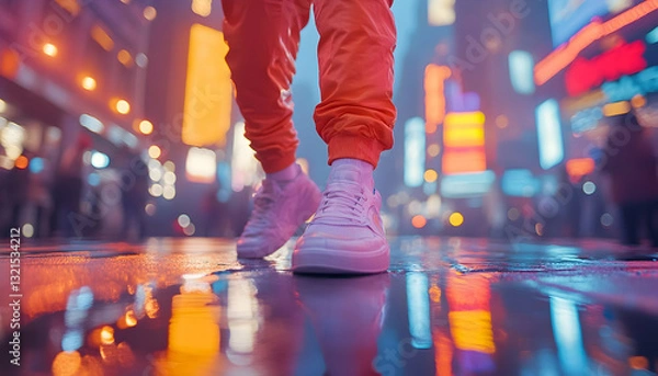 Obraz Neon-lit city street reflections mirrored in wet pavement, viewed from low angle, focusing on white shoes and orange pants