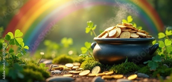 Fototapeta St Patricks Day concept. Close-up of pot full of gold coins with shamrock leaves. Rainbow background. Symbolizes wealth, luck, traditional Irish holiday celebration in March. Treasure hunt metaphor.