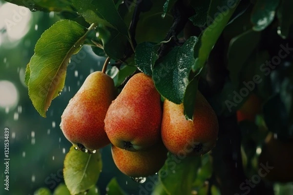 Fototapeta Ripe pears on tree branch in sunlit orchard. Neural network AI generated