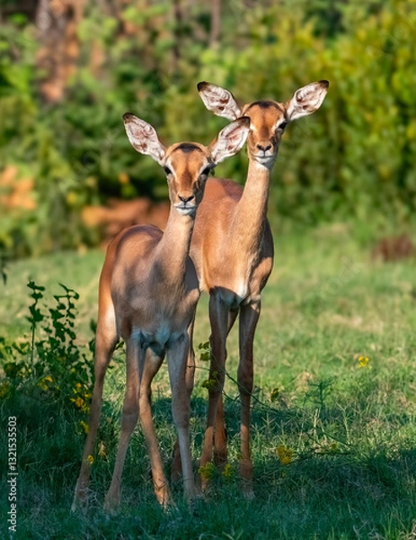 Obraz A pair of vigilant Common impala (Aepyceros melampus) lambs.