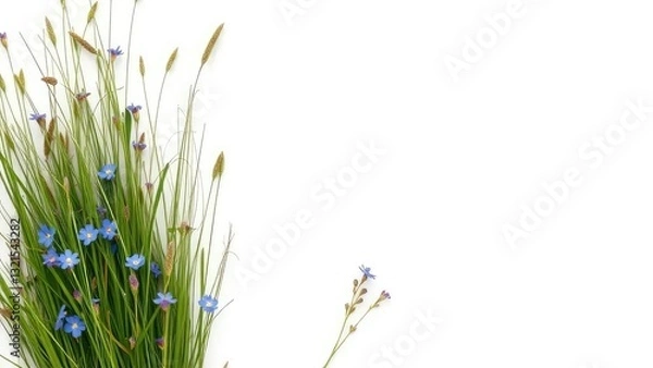 Fototapeta Bunch of meadow grass with separate stems and little blue flowers on white background, flowers, botanical