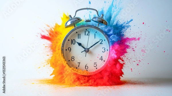 Fototapeta Colorful explosion around a clock marks the passage of time in a creative artistic display