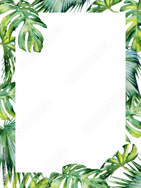 Obraz Akwarela ilustracja tropikalnych liści, gęsta dżungla. Malowane ręcznie. Baner z motywem tropic summertime może służyć jako ślub lub kartka okolicznościowa. Szablon zaproszenia. Powitanie świąteczne lub urodzinowe
