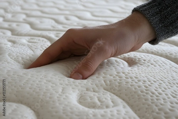 Obraz a hand touching a mattress, assessing its softness.