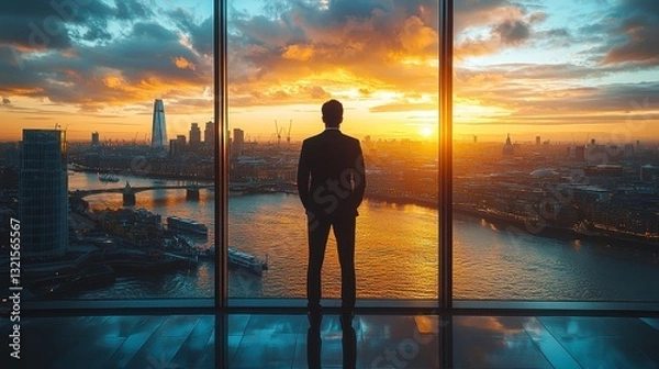 Obraz Corporate Leader Standing in Front of Urban Skyline at Sunset with Water View
