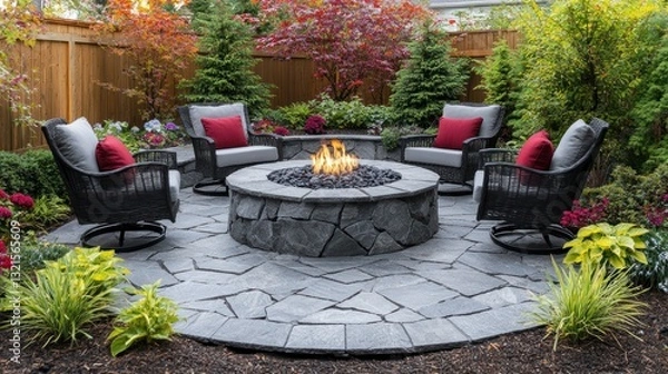 Obraz Backyard stone fire pit with seating, autumn foliage