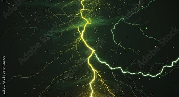Fototapeta Abstract yellow green lightning sparks anime on plain dark black background illustration