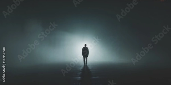 Obraz Silhouetted Figure in a Dark Setting Capturing Dramatic Mood with Space for Text Overlay.
