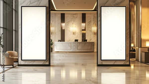 Fototapeta Two blank digital billboard mockups in a luxury hotel lobby entrance, perfect for commercial branding and interior advertising