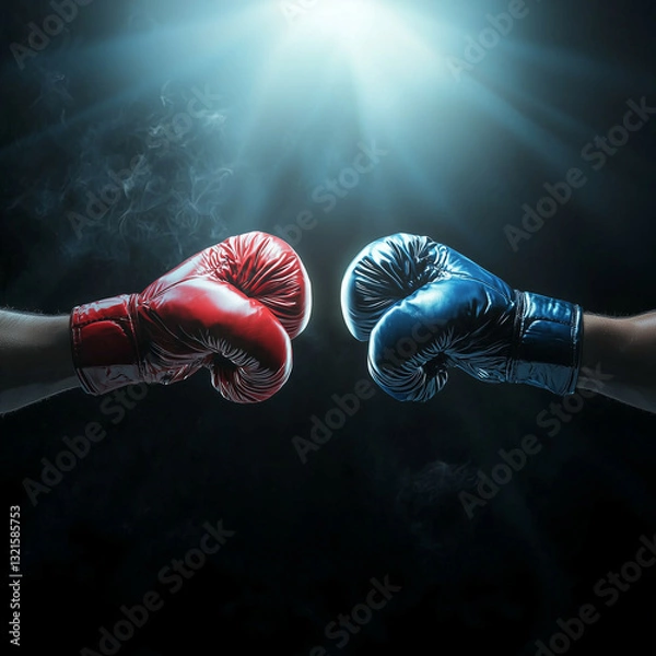 Fototapeta Two boxing gloves facing each other one red the other blue Generative ai