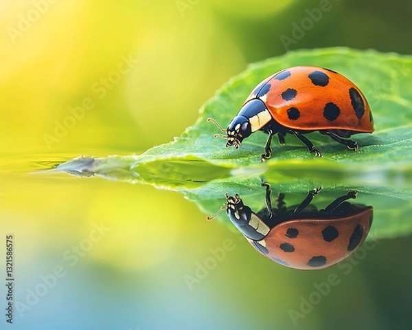 Fototapeta Ladybug on Leaf Reflection in Water