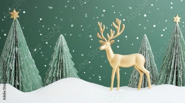 Obraz Festive Christmas deer scene with origami trees