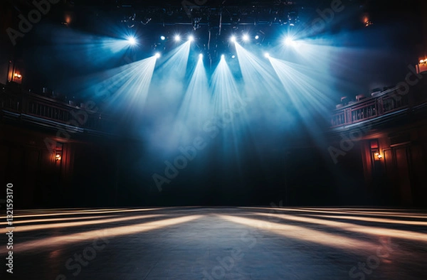Obraz Dark empty theater stage illuminated by dramatic blue spotlights, artistic and cinematic atmosphere for performance or concert scene