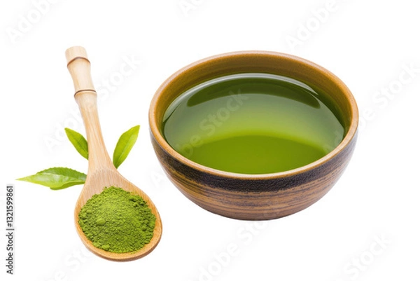 Obraz Green Tea Extract and Powder in Bowl with Spoon on White Background