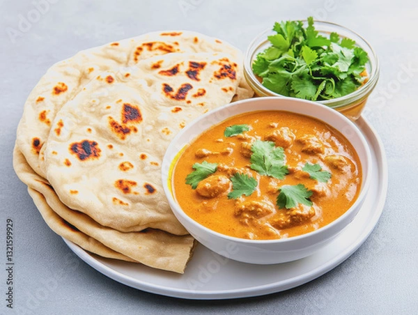 Fototapeta Spicy high-angle shot of a bowl of indian curry accompanied by fresh naan and vibrant ingredients for a flavorful meal