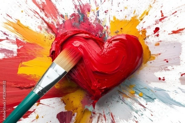 Fototapeta A freshly painted red heart with a brush lies on a vibrant background of paint splashes in yellow, orange, and white. A creative and expressive artistic concept symbolizing love and passion.