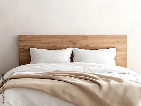 Fototapeta simple cozy Bed Setup in a Simple Bedroom, neatly made bed against a plain wall