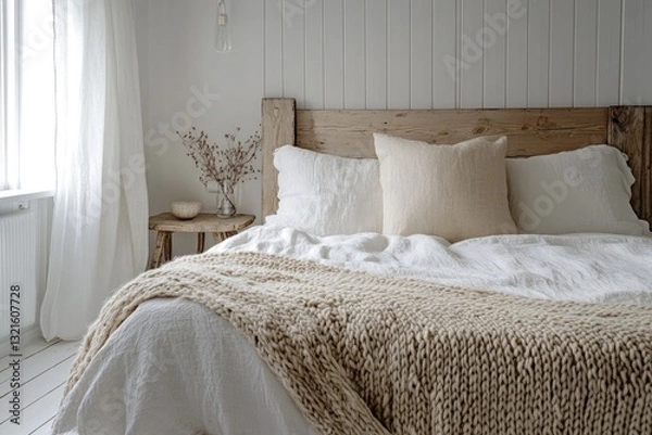 Fototapeta A serene Swedish cottage bedroom with pale wood, white linens, and a knitted throw