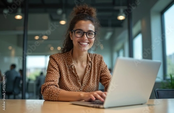 Fototapeta Young hispanic woman works in modern office. Businesswoman smiles looking at camera using laptop computer. Female professional types on keyboard, works on project, sits at desk. Manager leader