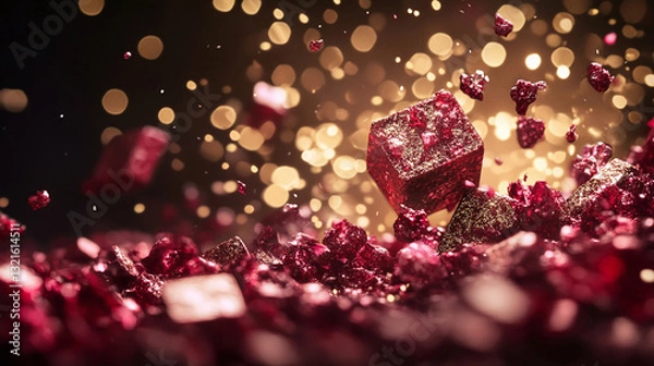 Fototapeta Crimson crystal fragments shimmering with a gold-flecked surface, suspended mid-air against a backdrop of blurred golden orbs.