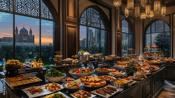 Fototapeta Lavish Buffet Spread with Mosque View at Sunset