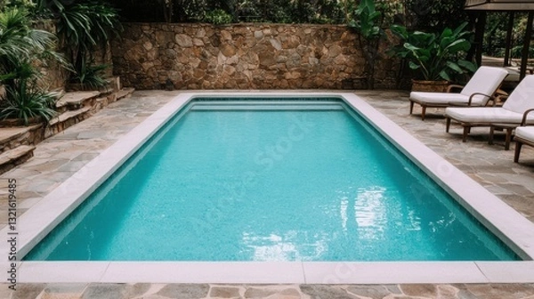Fototapeta Inviting outdoor pool surrounded by lush greenery and elegant lounge chairs, offering a serene escape