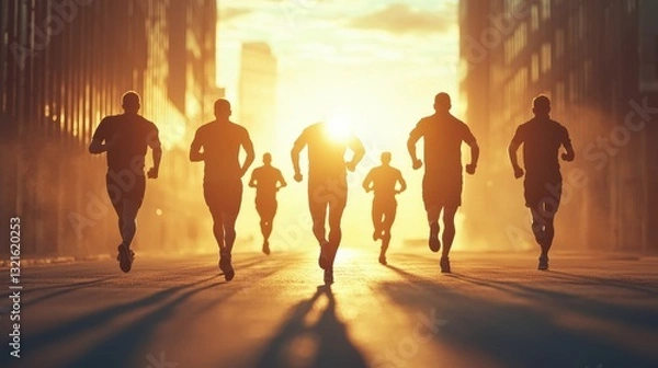 Fototapeta Runners are silhouetted against a vibrant sunrise, showcasing the dedication and energy of early morning fitness enthusiasts in an urban environment.