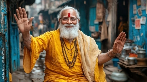 Fototapeta A joyful spiritual leader, dressed in bright yellow robes, welcomes visitors with open arms in a lively market. The busy streets are filled with colorful shops and people