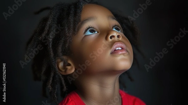Fototapeta A child with curly hair looks up with wide eyes, reflecting curiosity and wonder. The setting is dimly lit, creating a contemplative atmosphere that enhances the child's expression